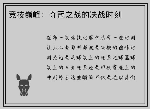 竞技巅峰：夺冠之战的决战时刻